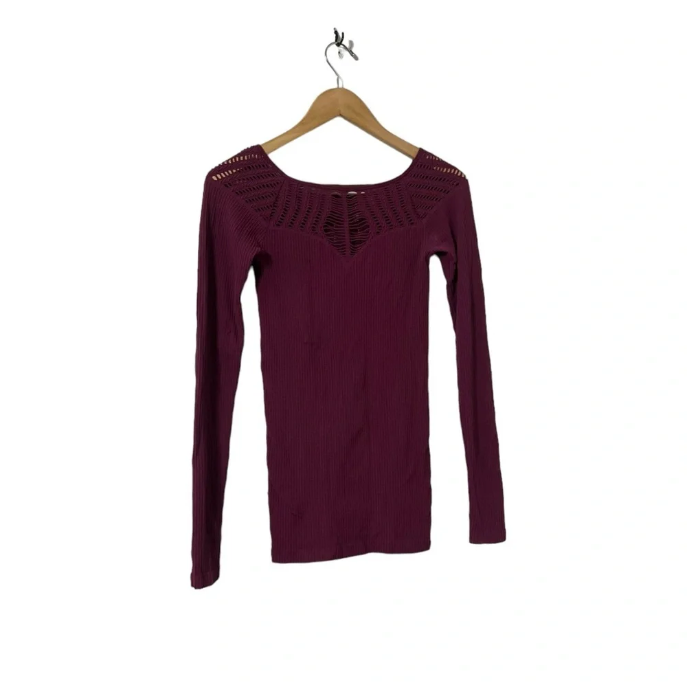 FREE PEOPLE Intimately Laser Cut Out Ribbed Long Sleeve Shirt Top